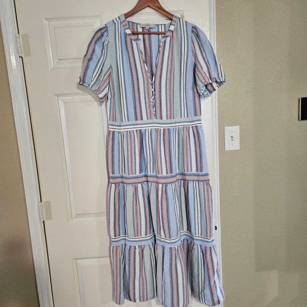 LOFT Multi Color Striped Linen Blend Tiered Maxi Dress Size 12